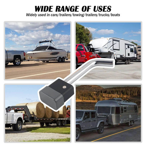 Sturdy Five Eighth Inch Universal Trailer Hitch Lock Kit With Locking Pin And Lever, Keys Included, Fits Two Inch And Two And A Half Inch Class III IV Receivers, Rust Resistant Carbon Steel, Dust Cover, Easy Install, Built For Daily Hauls shown with various trailers and vehicles