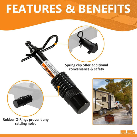 Trailer Hitch Pin Lock Set For 1/2 Inch And 5/8 Inch Pins With Dual Locking System, 4 Inch Span, Includes 3/4 Inch Adapter, shown with camper