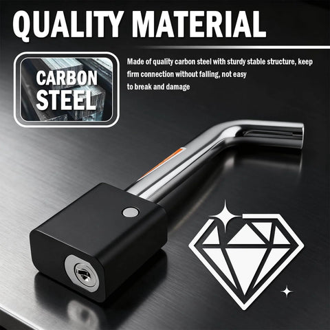 Heavy Duty Trailer Hitch Lock Pin With Five Eighth Inch Locking Lever For Two Inch And Two Point Five Inch Receivers Class III And IV Universal Tow Hitches Lock With Keys 360 Degree Rotatable Anti Theft Design, made of carbon steel with a diamond icon.