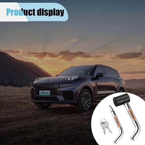 Dual Pin Trailer Hitch Lock With Anti Theft Design For One Quarter Inch Two Inch And Two And A Half Inch Receivers Featuring One Half Inch And Five Eighths Inch Diameter Pins With Three Inch And Three And A Half Inch Reach Fits Class I Through V Hitch displayed next to SUV at sunset