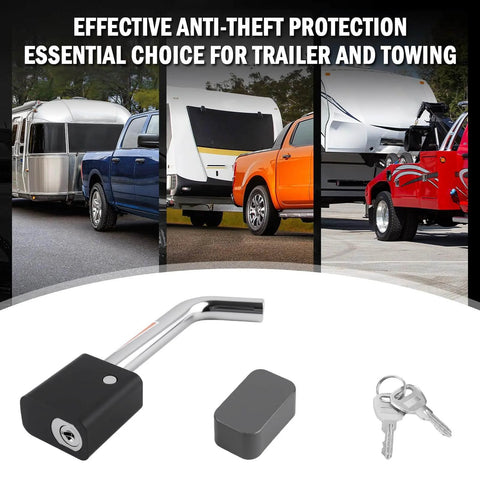 Heavy Duty Trailer Hitch Lock Pin With Five Eighth Inch Locking Lever For Two Inch And Two Point Five Inch Receivers Class III And IV Universal Tow Hitches Lock With Keys 360 Degree Rotatable Anti Theft Design, shown with trucks and trailers