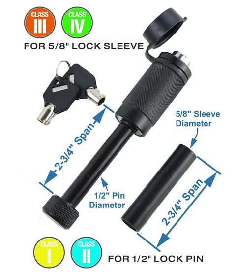 Heavy Duty Trailer Hitch Lock Pin For Class I Through IV Hitches With One Half Inch Pin Diameter And Five Eighth Inch Sleeve Black Nickel Finish, showing lock pin, keys, and sleeve