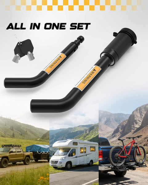 Trailer Hitch Receiver Pin Lock Set With Dual One Half And Five Eighths Inch Pins For One And A Quarter Inch, Two Inch, And Two And A Half Inch Receivers, Includes Two Keys, Black.