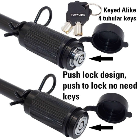 Keyed Alike Trailer Hitch Lock Set With Five Eighths And One Half Inch Pins, Heavy Duty Receiver Locks, black powder coat, keys visible