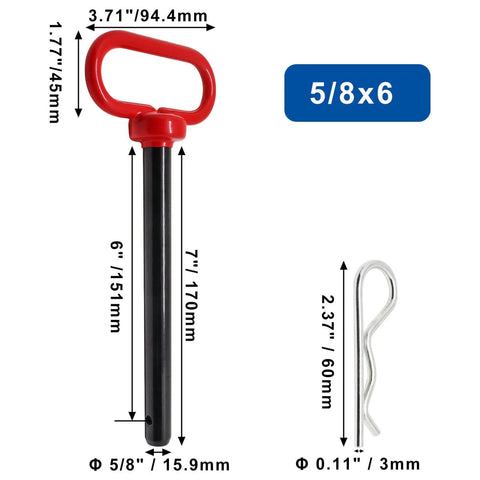 2-Pack Trailer Hitch Pins Five Eighths Inch By Six Inches With Red Handle Clip, Heavy Duty Steel, Black Coated, Dimensions Shown