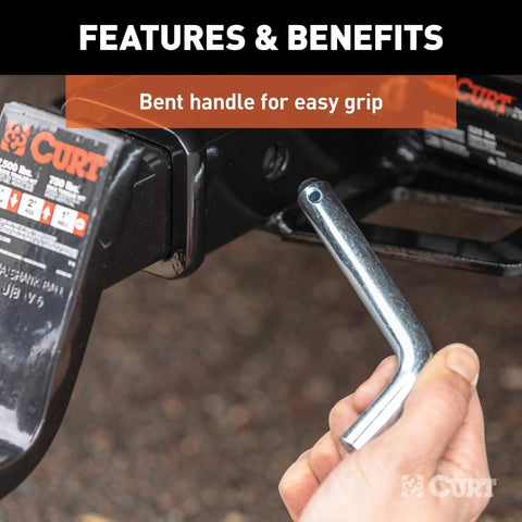 Five Eighths Inch Trailer Hitch Pin And Clip With Easy Grip 105 Degree Bend Fits Two Inch Or Two And A Half Inch Receiver Hitches Zinc Plated For Heavy Duty Towing Class Three Four Five Compatible Durable And Secure installed in receiver