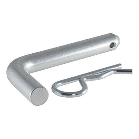 Five Eighths Inch Trailer Hitch Pin And Clip With Easy Grip 105 Degree Bend Fits Two Inch Or Two And A Half Inch Receiver Hitches Zinc Plated For Heavy Duty Towing Class Three Four Five Compatible Durable And Secure, displayed on a white background, highlighting the bend and zinc plating.