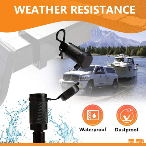Weather-resistant trailer hitch pin lock set with dual locking system, anti-rattle O rings, and universal fit for Class I-V hitches.