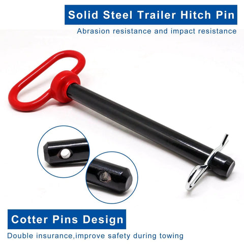 2-Pack Trailer Hitch Pins Five Eighths Inch By Six Inches With Red Handle Clip, heavy duty steel, black coated with R-clips