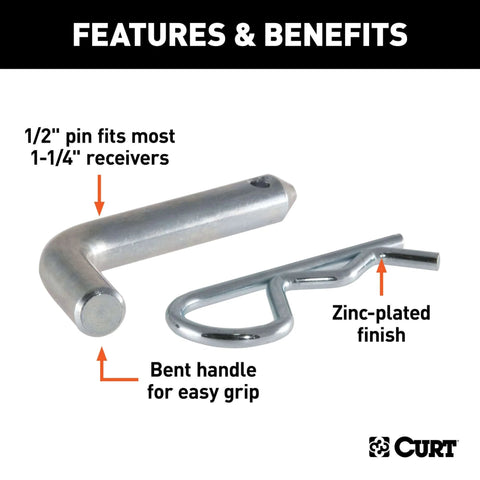 Trailer Hitch Pin And Clip Half Inch Diameter Fits One And A Quarter Inch Receivers With Clear Zinc Finish Easy Grip 105 Degree Bend For Class One And Class Two Trailer Hitches.
