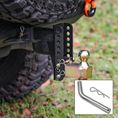 4 Pack Five Eighths Inch Trailer Hitch Pins With Safety Clips installed on vehicle's hitch, alloy steel, 2 in receiver