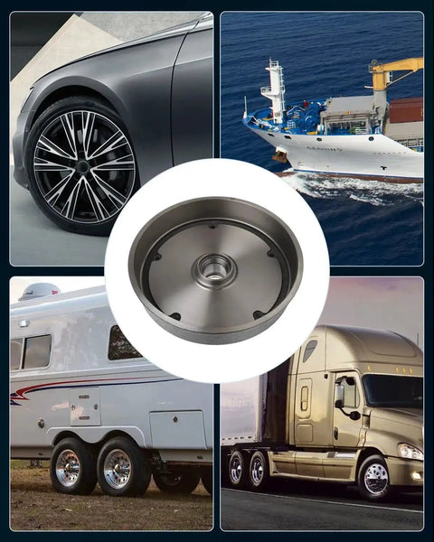 Trailer Hub Assembly For Mobile Home 12x2 With Brake Drum 5 Lug On 9.4 Bolt Pattern Black Painted Finish Fits 68149 And 67048 Bearings 3500Lbs Axle Heavy Duty Upgrade Grease Seal 10 4 Compatible Inner Cone L68149 Outer LM67048 Ready SCITOO displayed with vehicles and ships.
