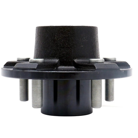 Trailer Hub Assembly For A 4 1/2 Inch Circle, 5 Bolt Pattern With 1 3/8 To 1 1/16 Inch Tapered Spindle, Includes L44649/10 Outer Bearing And L68149/11 Inner Bearing, Seal, Dust Cap, Lug Nuts And Castle Nut, Ready To Bolt In By UCUT, front view.