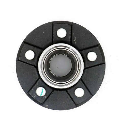 Trailer Hub Assembly For A 4 1/2 Inch Circle, 5 Bolt Pattern With 1 3/8 To 1 1/16 Inch Tapered Spindle, Includes L44649/10 Outer Bearing And L68149/11 Inner Bearing, Seal, Dust Cap, Lug Nuts And Castle Nut, Ready To Bolt In By UCUT, front view