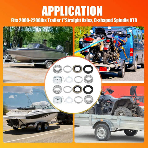 Visual application of Trailer Hub Bearing Kit For 1 Inch Spindle Trailers With D Type Axles BT9 EZ Lube L44643 and accessories.