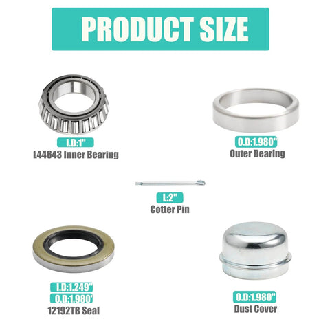 Product size overview of 2 Set Fits for 1'' Axles Trailer Wheel Hub Bearings Kit, L44643/L44610, includes bearings, seal, dust cover, cotter pin.