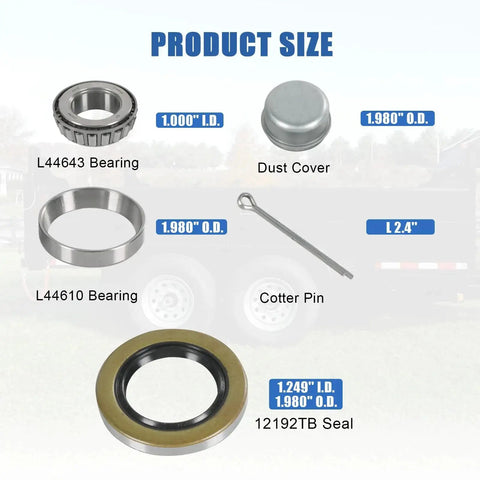 Trailer Hub Bearings Kit For One Inch 2000 Lb Trailer Axles L44643 L44610 Bearings With 12192TB Seals Dust Covers And Cotter Pins parts diagram