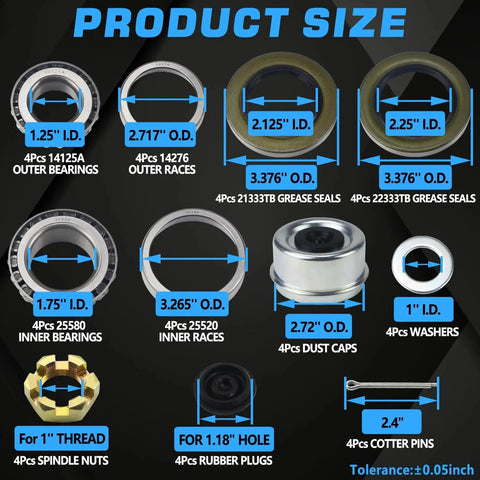 Trailer Hub Bearings Kit For 7000 Lb Tapered Spindle Axles 4 Sets With 25580 And 14125A Bearings Product Size Details