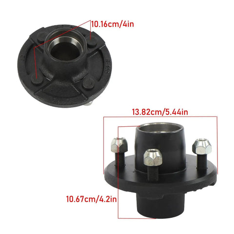 Two Pack 4 On 4 Inch Trailer Hub And One And One Sixteenth Inch Square BT16 Spindle Bearing Kit with measurement details