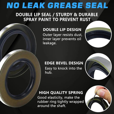 No leak grease seal features for Trailer Hub Bearings Kit For 7000 Lb Tapered Spindle Axles explaining design and durability.