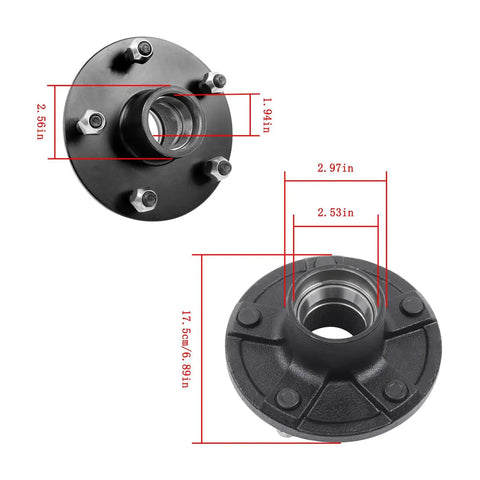 Heavy Duty Trailer Hub Kit Replacement For 3500 Lb 84 Spindle Fits Five On Five Point Five Inch Wheels Top and Side View