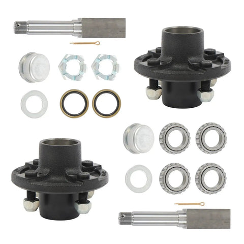 Complete two pack 4 on 4 inch trailer hub and one and one sixteenth inch square BT16 spindle bearing kit with components.