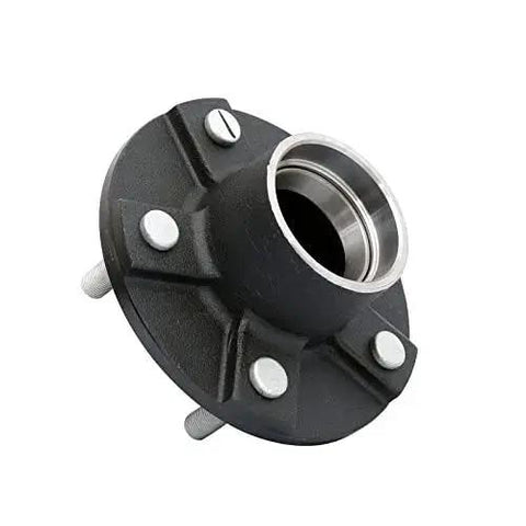 Trailer Hub Kit With 5 Bolt Circle 2 Pack Tapered Spindle From 1 3 8 To 1 1 16 Inch Includes Outer Bearing L44649 10 And Inner Bearing L68149 11 Seal Dust Cap Lug Nuts And All Hardware For Easy Install No Hassle, close-up view of hub with 5-bolt circle.