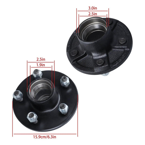 Two Sets Five Lug Trailer Wheel Hub With Bearings Kit For Four Point Seven Five Inch Spindle 84 Compatible Three Thousand Five Hundred Pound Rated Beefy Build High Strength Components Built To Last For Utility Trailers, showing front view of black hub with measurements