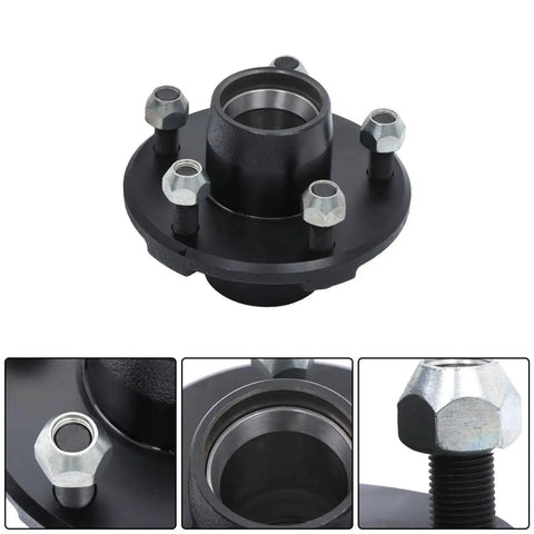 Trailer Hub Kit With 5 On 4 Point 5 Inch Bolt Pattern And 1 Inch BT8 Round Spindle L44643 Bearings Grease Seal Lug Nuts And Cotter Pin For 2000 Lb Axles Heavy Duty Trailer Bearing Kit, featuring close-up views of spindle and lug nuts.