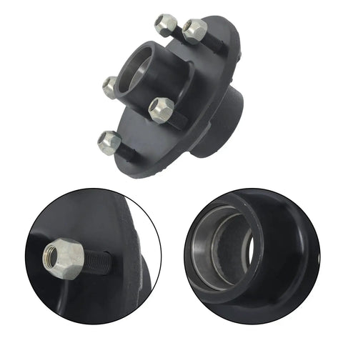 Close-up of Five On Five Point Five Inch Trailer Hub Kit For 3500 Lb Trailers With 84 Spindle And Bearing Kit, showing cast iron construction.