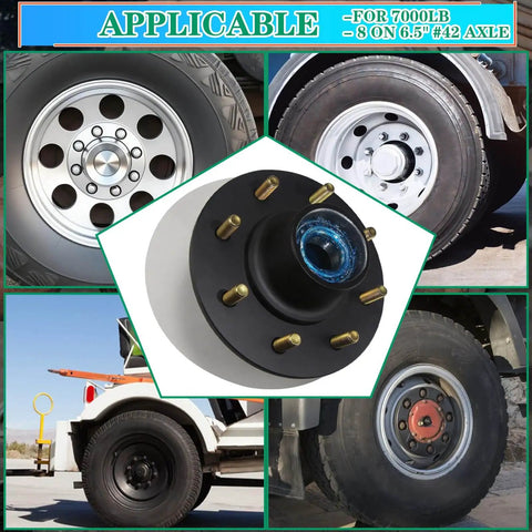 7000 Lb Trailer Hub Kit With 8 Lug 6.5 Inch Axle For 1.25 To 1.75 Inch 42 Tapered Spindle EZ Lube Pre Lubricated Bearings 25580 And 14125A