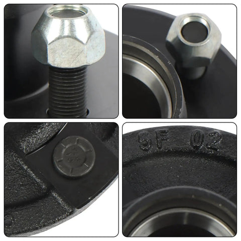 Close-up of Two Pack 4 On 4 Inch Trailer Hub And One And One Sixteenth Inch Square BT16 Spindle Bearing Kit components with lug nuts and seals