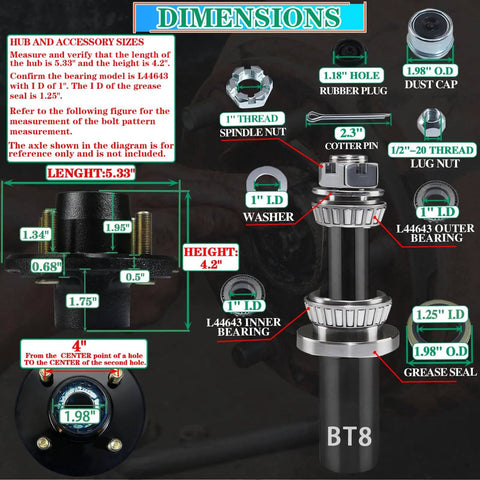 Diagram of Pre Lubricated Trailer Hub Kit For 2000 Lb Axles, 4 On 4 In Bolt Pattern, 1 In BT8 Straight Spindle, EZ Lube Bearings And Grease Seal, L44643 Inner And Outer Bearings, 4 Lug Idler Hub Wheel Hubs Kit with labeled dimensions and parts.