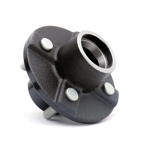Front view of a Trailer Hub Kit With Four Bolt Pattern And Four Inch Hub Assembly Including Square Shaft Straight Spindle And L44649 Inner And Outer Bearings With Seal Dust Cap Lug Nuts Castle Nut Washer Cotter Pin And All Hardware Set Of Two UCUT.