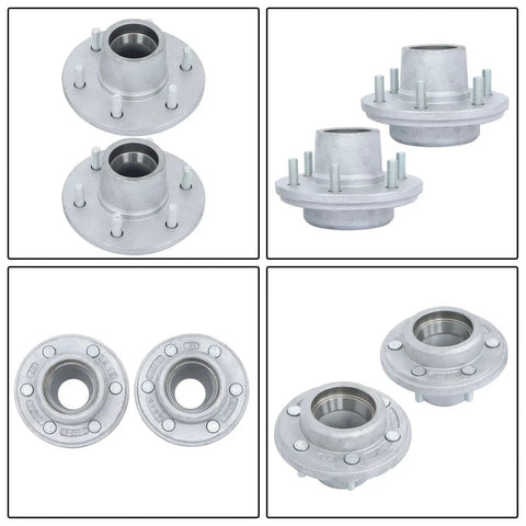 Galvanized Trailer Hub Kit 6 On 5.5 Inch Bolt Pattern For 5200 6000 Lb Spindle with dual 5-piece bearing kits, shown in four views