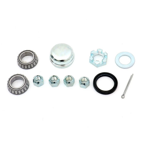 Trailer Hub Kit With Four Bolt Pattern And Four Inch Hub Assembly Including Square Shaft Straight Spindle And L44649 Inner And Outer Bearings With Seal Dust Cap Lug Nuts Castle Nut Washer Cotter Pin And All Hardware Set Of Two UCUT components on white background