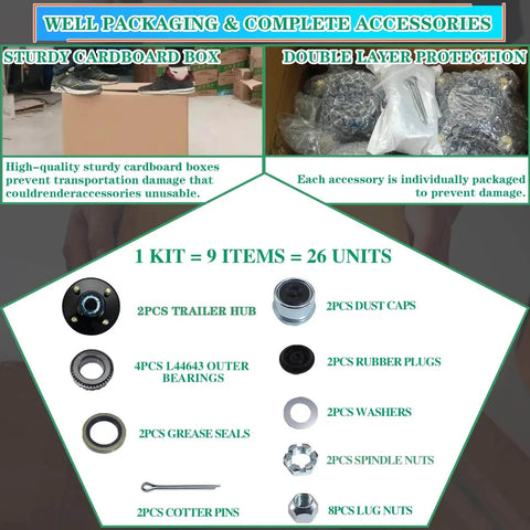 Pre Lubricated Trailer Hub Kit For 2000 Lb Axles, 4 On 4 In Bolt Pattern, 1 In BT8 Straight Spindle, EZ Lube Bearings And Grease Seal, L44643 Inner And Outer Bearings, 4 Lug Idler Hub Wheel Hubs Kit packaging and accessories