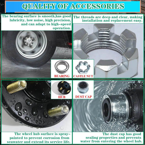 Pre Lubricated Trailer Hub Kit For 2000 Lb Axles, 4 On 4 In Bolt Pattern, 1 In BT8 Straight Spindle, EZ Lube Bearings And Grease Seal, L44643 Inner And Outer Bearings, 4 Lug Idler Hub Wheel Hubs Kit showing hub, castle nut, bearing, and dust cap details