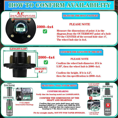 Guide for installing Pre Lubricated Trailer Hub Kit For 2000 Lb Axles, 4 On 4 In Bolt Pattern, includes measurement confirmations
