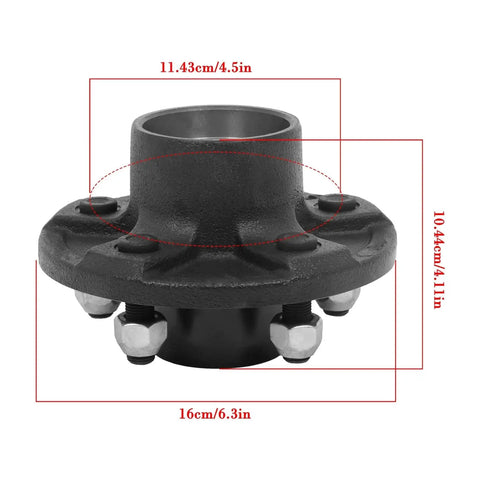 Front view of Trailer Hub Kit And Square Spindle Replacement For 5 On 4 5 Inch Axles Includes 8 25 Inch Spindle And 3500 Lb Capacity