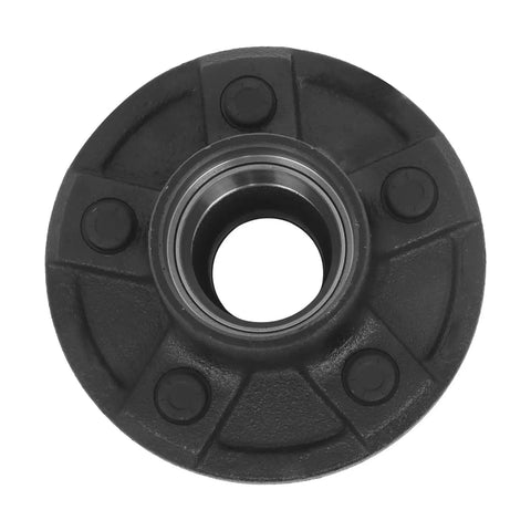 Trailer Hub Kit And Square Spindle Replacement For 5 On 4 5 Inch Axles Includes 8 25 Inch Spindle And 3500 Lb Capacity Bearing Kit Six Pieces Per Set L68149 And L44649 Compatible Heavy Duty GXYWADY, front view of black hub.