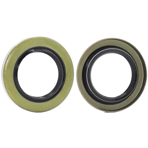 Close-up of two seals from the complete trailer wheel hub bearing kit for 1.0625 inch axles with seals, includes 4 bearings, 2 seals, cotter pins.