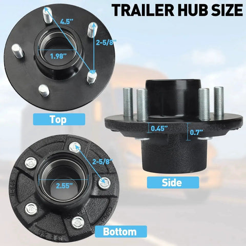 Heavy Duty Trailer Idler Hub Kit For 3500 Lb Trailers One Sixteenth To Three Eighths Inch Axles Five Lug Wheel Hub view with dimensions