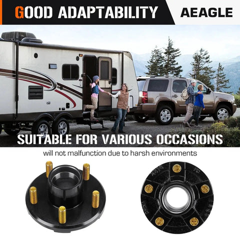 5 Hole 4.5 Inch Bolt Circle Idler Hub Kit For 2000lb Trailer Axles Replacement For L44649 Bearings, image shows hub front and top view