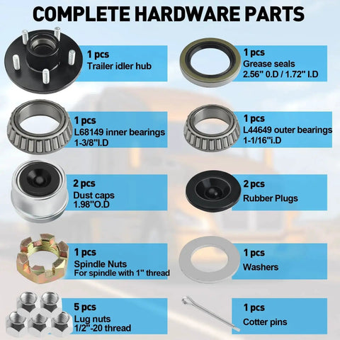 Heavy Duty Trailer Idler Hub Kit For 3500 Lb Trailers One Sixteenth To Three Eighths Inch Axles Five Lug Wheel Hub With L44649 And L68149 Bearing Kit EZ Lube Compatible Complete Kit With Caps And Seals Fits Spindle 84, showing kit components