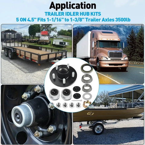 Image collage showing Heavy Duty Trailer Idler Hub Kit For 3500 Lb Trailers One Sixteenth To Three Eighths Inch Axles Five Lug Wheel Hub With L44649 And L68149 Bearing Kit EZ Lube Compatible Complete Kit With Caps And Seals Fits Spindle 84; includes product components, trailer use in various scenarios, and close-up of hub installed with cap.