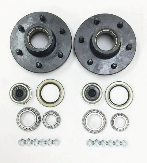 Set Of 2 Trailer Idler Hub Kits 6 On 5.5 Inch Bolt Pattern For 5200 To 6000 Lbs Axles With 2 Inner And 2 Outer Cone Bearings 2.25 X 3.371 Seals And EZ Lube Grease Caps Included Ideal For Replacing Worn Hubs On Utility Trailers displayed
