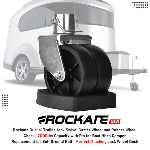 Dual 6 Inch Trailer Jack Wheel Swivel Caster Replacement With Rubber Wheel Chock, 2000 Lbs Capacity, shown with trailer background