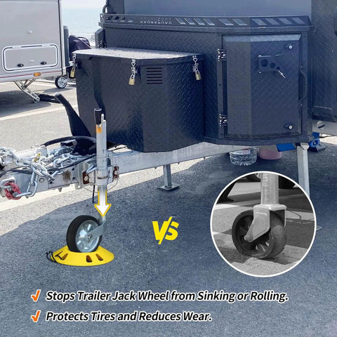 Trailer Jack Wheel Dock With Rope Handle That Keeps Your Trailer From Wobbling For Single 6 Inch 8 Inch And Dual 6 Inch Casters All Round Ground Protector And Stabilizer For Boats Campers And RVs 12 By 12 By 2 Inches shown on trailer.