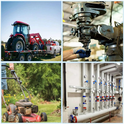 Collage of machinery: tractor on trailer, industrial drill, lawn mower, and mechanical pipes related to 25pcs Cotter Pins, R Clips Hardware Pins use.